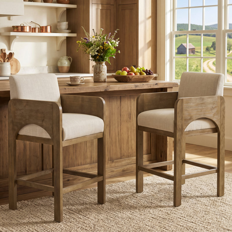 Upholstered Seat Counter Stool With Solid Wood Frame, Arch-Shaped Arm Bar Height Counter Stool For Kitchen/Dining Room/Restaurant