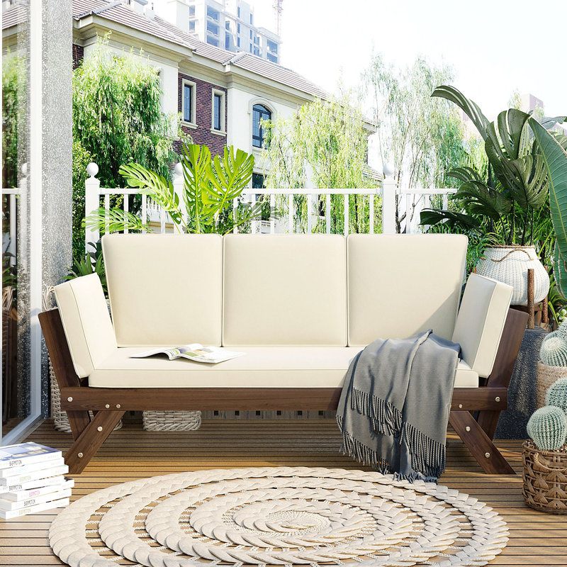 Méridienne d'extérieur réglable en bois pour lit de jour avec coussins pour petits espaces Topmax, Beige/brun