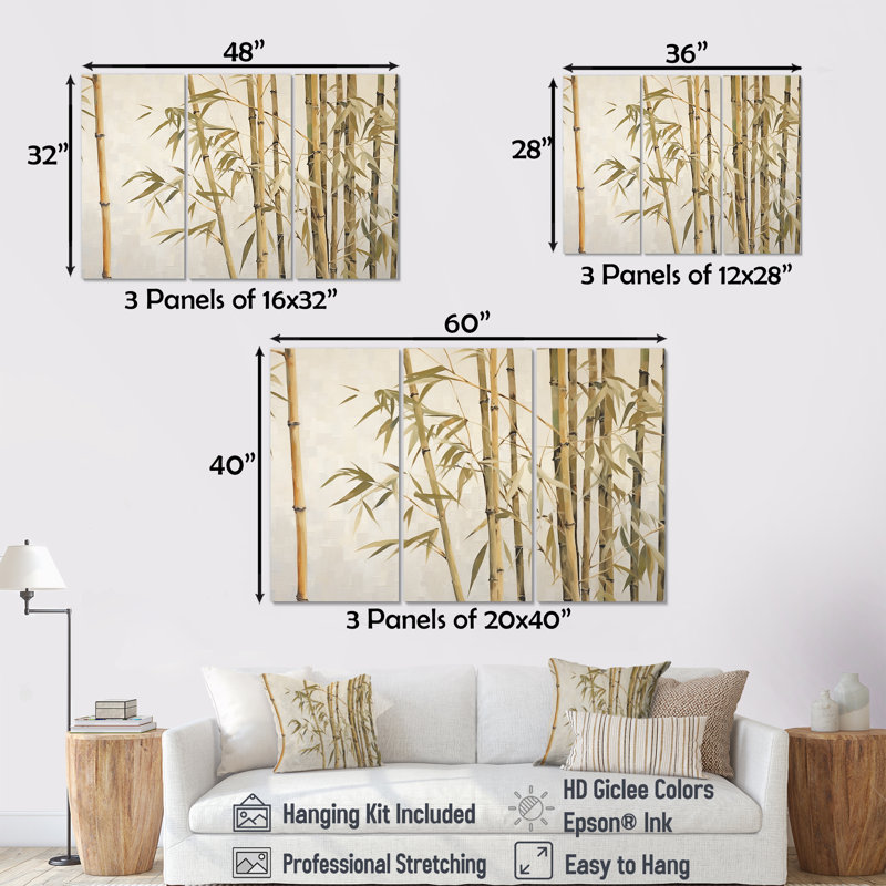 Beige minimalisme bambou Serenity I - ensemble d'art mural en bambou, H 28 po x l 36 po x P 1 po, Toile tendue