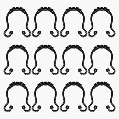 Ensemble de 12 pièces - Anneaux de crochets de rideau de douche à double oreilles noir mat