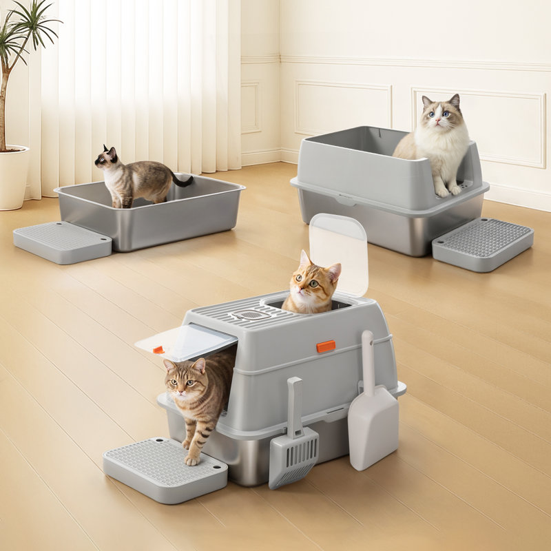 Bac à litière 3 en 1 en acier inoxydable avec couvercle, bac à litière fermé avec 2 pelles à litière et pédale de filtre, bac à litière pour chat à double entrée