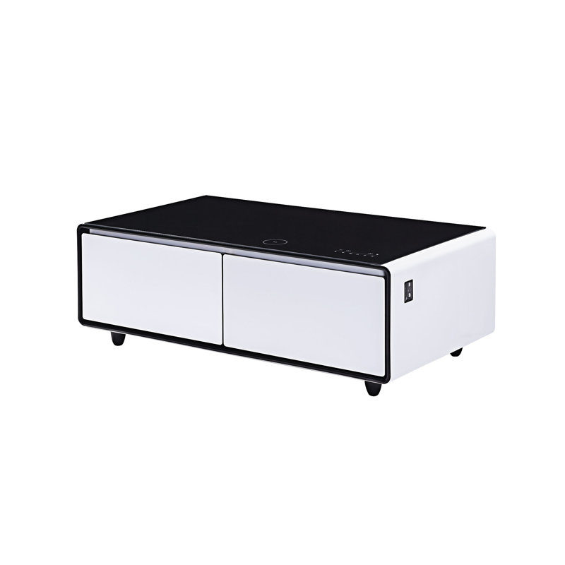 Table basse moderne et intelligente avec réfrigérateur intégré, haut-parleurs Bluetooth, chargement sans fil, prise de courant, ports USB, lumière RVB