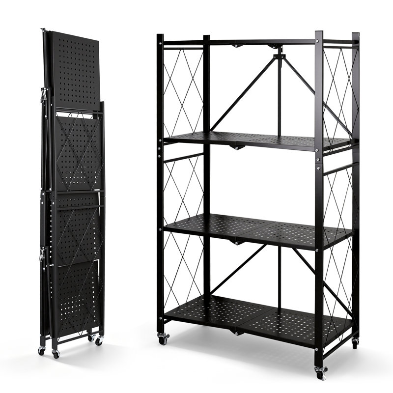 Tablette de rangement pliable en métal à 4 niveaux avec roulettes, chariot roulant pliable, capacité de 90 lb, pour garde-manger, garde-robe et organisation de bureau