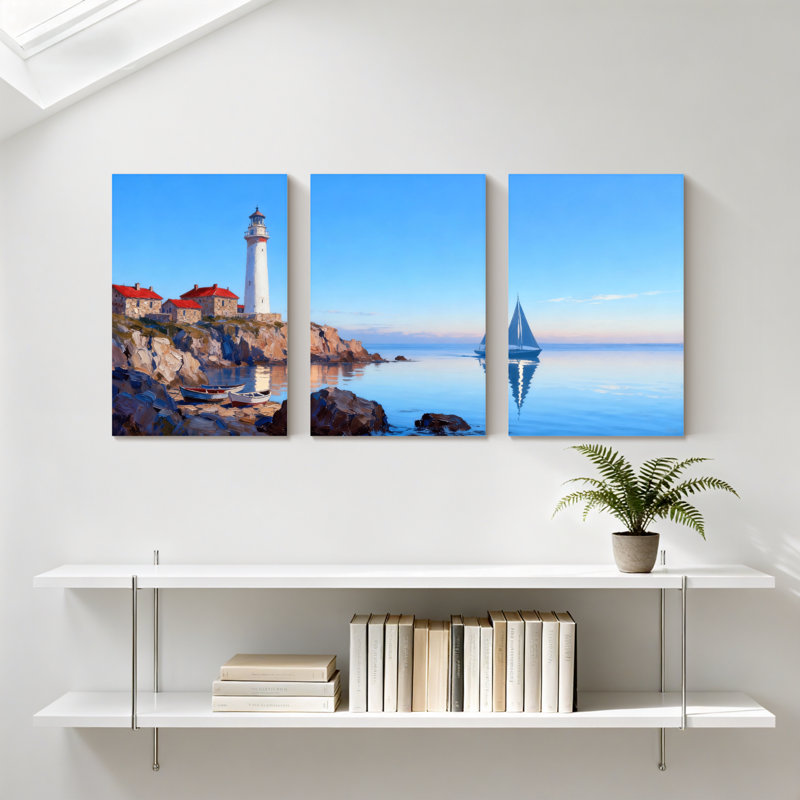 Nautique, phare, côte, voilier, reflet, paysage, ensemble de 3 reproductions d'art sur toile, H 18 po x l 36 po
