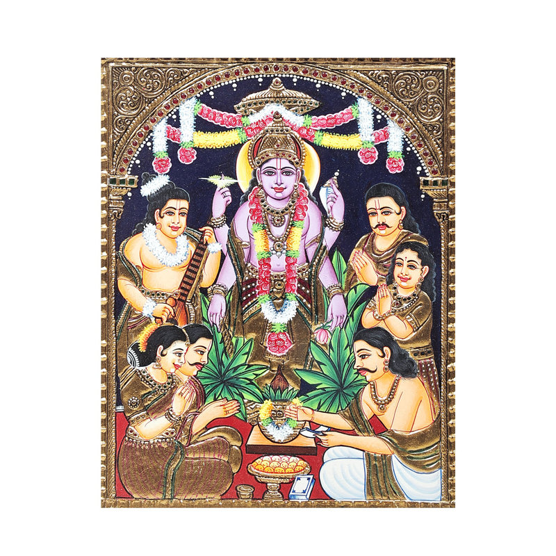 Lord Vishnu Tanjore, peinture | Couleurs traditionnelles avec or 24 carats | Structure en bois de teck