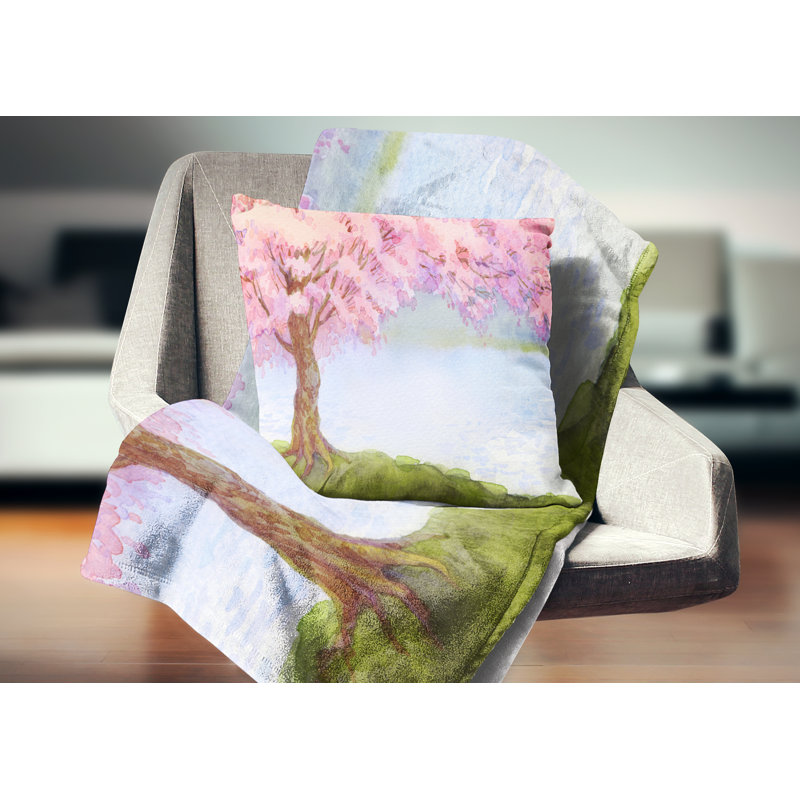 Floral Flowering Tree by Lake Pillow, 18" x 18", Square