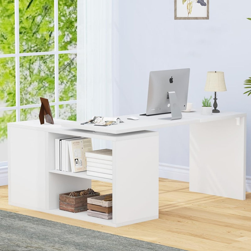 Bureau en L avec tablette - Poste de travail moderne réversible pour bureau à domicile - Bureau d'ordinateur en L avec tiroir de rangement - Table de coin industrielle en bois pour travailler, étudier, écrire ou jouer