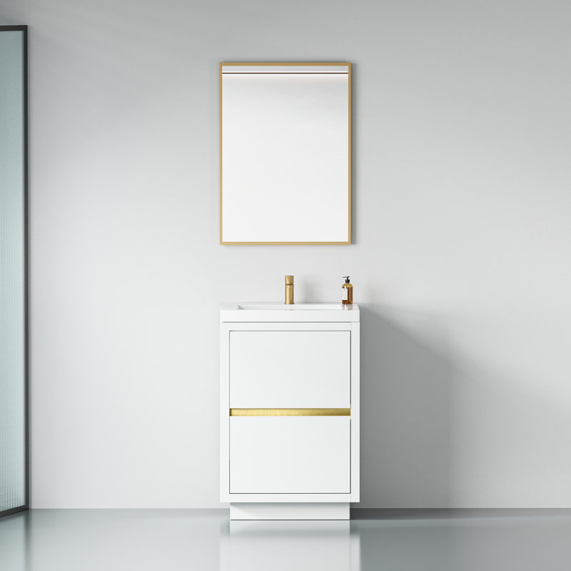 Meuble-lavabo autoportant de 24 po avec lavabo, blanc brillant. Espace de rangement pratique et pratique. Comptoir en résine de pierre. Meuble-lavabo de salle de bain en bois facile à installer. Rangement spacieux. Qualité