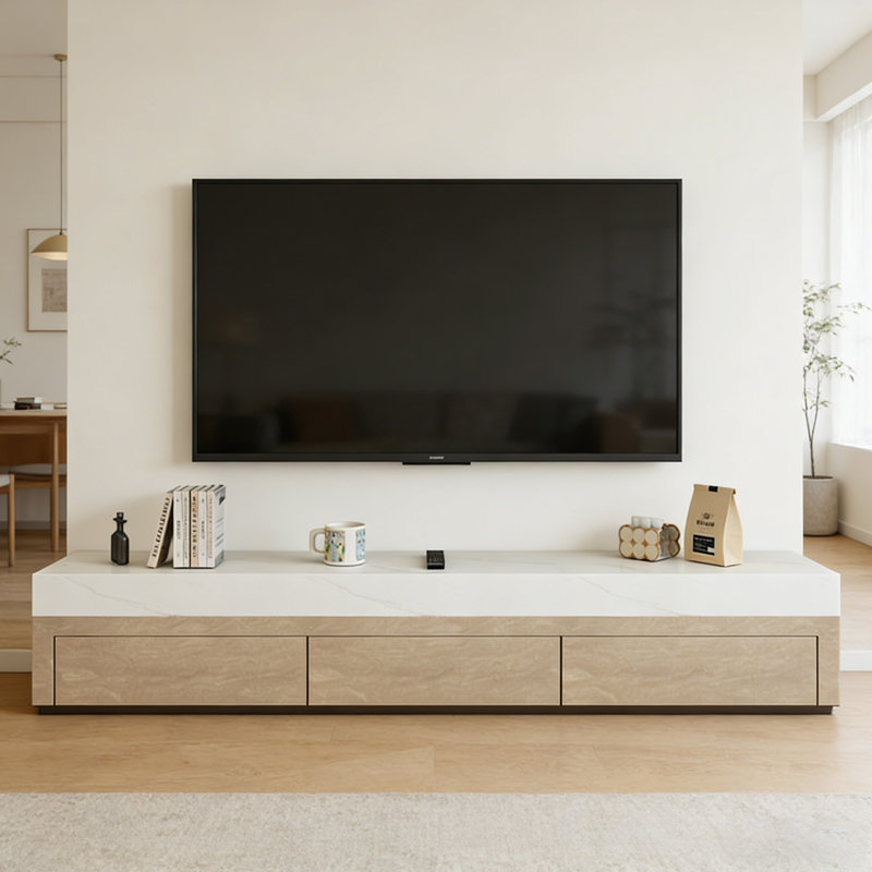 Meuble télé 3 tiroirs Simplicity, H 15,74 po x L 86,61 po x l 15,74 po, Brun / blanc / gris clair