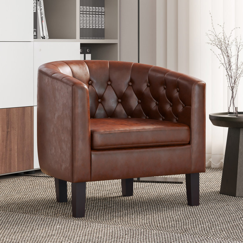 Zeniyah 28.25 Wide Faux Leather Barrel Chair, Caramel Faux Leather