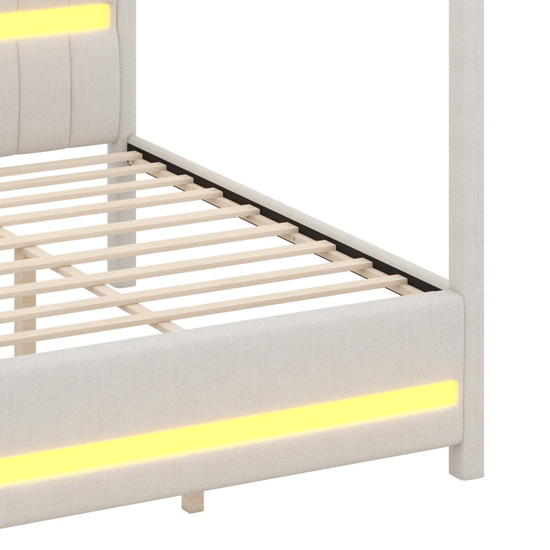 Grand lit plateforme à baldaquin tapissier avec lumières DEL