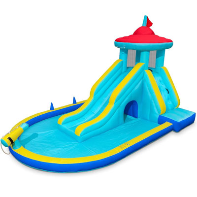 Outfunny Inflatable Water Slide, Bounce House for Kids Ages 3-8 w/ Tall Slide & Splash Pool, Backyard Water Fun, Capacity 500 lb, Blower 450W - Blue