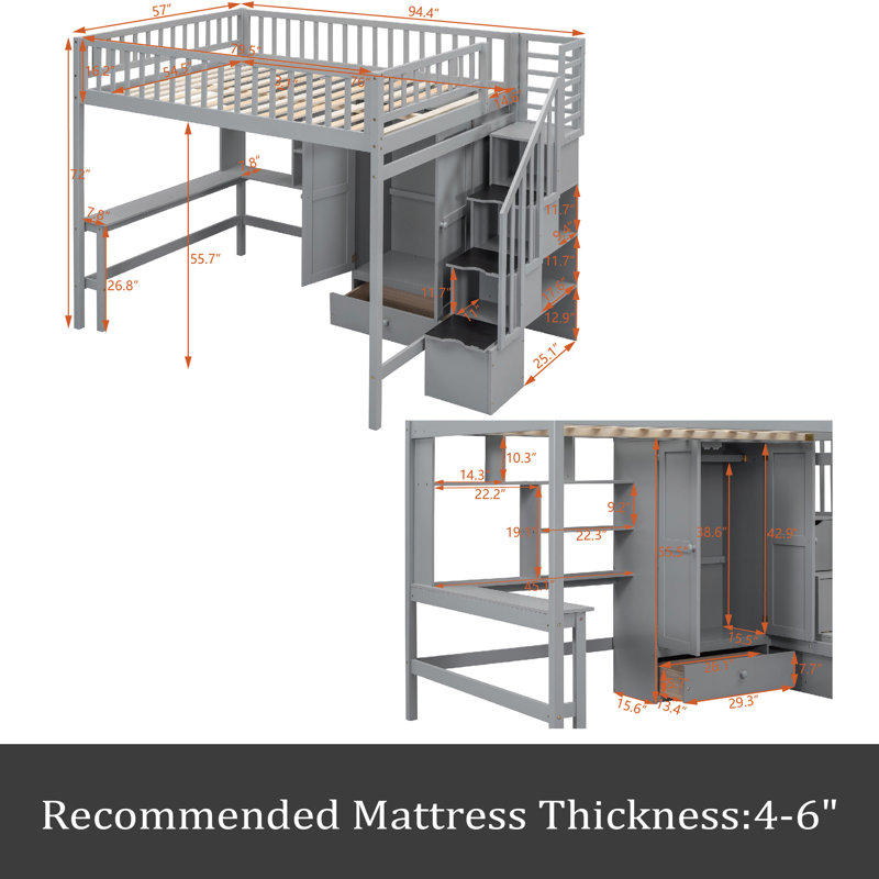 Lit mezzanine double avec tiroirs Kahlie Kids, gris