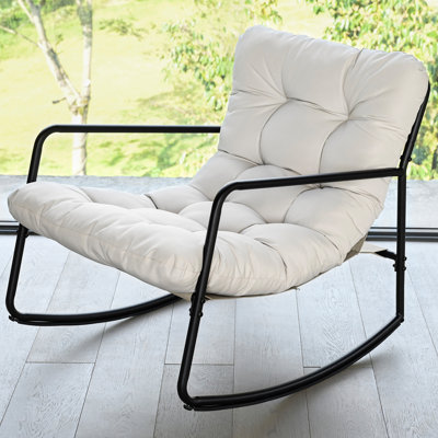 Outdoor Rocking Chair, Metal Patio Rocking Chair, Indoor Rocking Chair with Cushion, Papasan Rocking Lounge Chair, Comfy Modern Rocker Chair for Porch, Living Room, Garden, Backyard, Off-White
