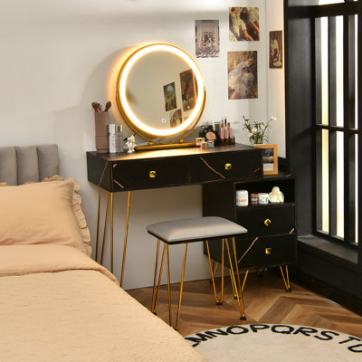 Bedroom Makeup Vanity Dressing Table Stool Set with 3 Colors Lighted Mirror Large Storage Cabinet Drawer