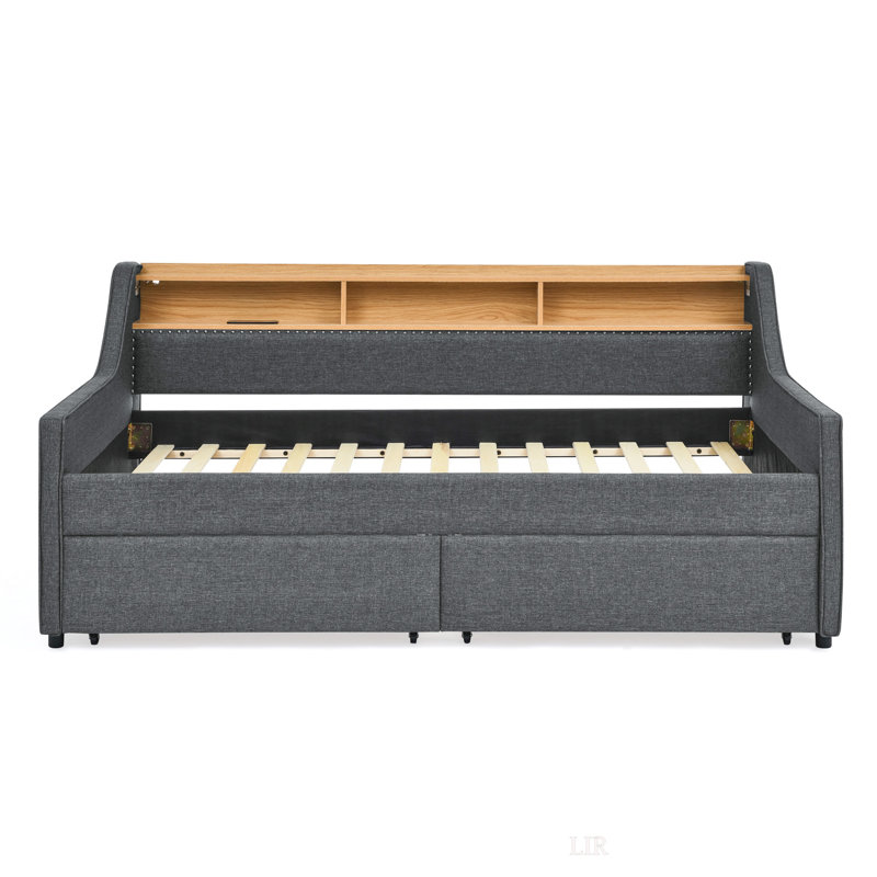 Twin Size Upholstery Sofa Bed With Three LED Lights, With Storage Adjustable Headboard, With Two Storage Pull Up Drawers And Wireless Charging