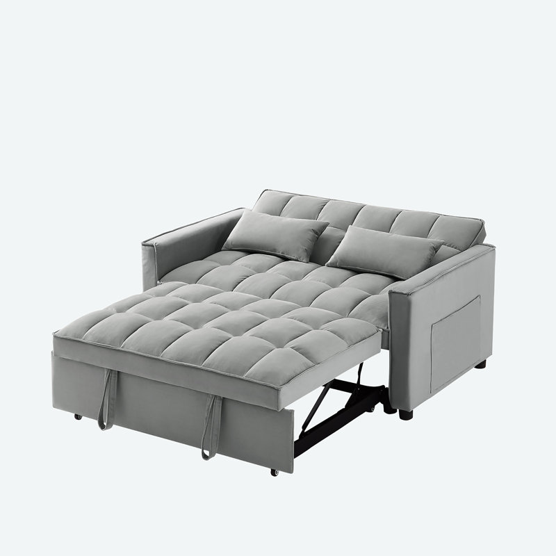 55'' Velvet Convertible Loveseat Sleeper Sofa with Adjustable Backrest, Pull-Out Bed and Pillows, Bluish Gray