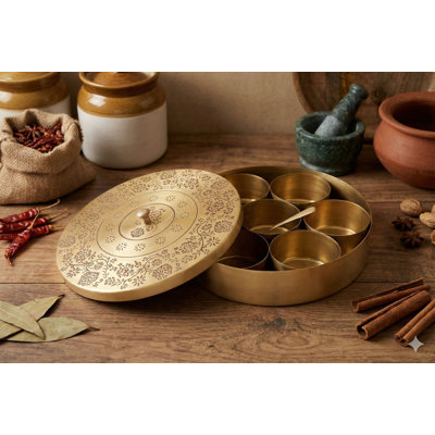Handmade Fine Quality Brass Spice Box – 7-Compartment Masala Storage Organizer with Spoon & Lid, 7-Inch Round Kitchen Décor