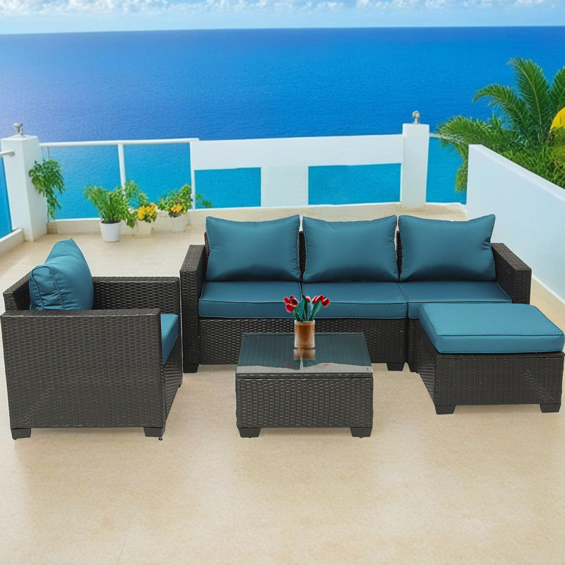 Ensemble de 6 meubles de patio en osier, canapé d'extérieur en rotin avec table basse et coussins de repose-pieds, Bleu paon