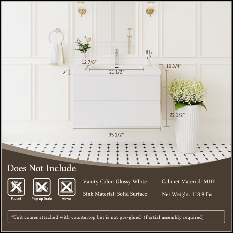 Meuble-lavabo flottant avec lavabo, rangement mural moderne pour une salle de bain propre et élégante, Blanc lustré, 35"