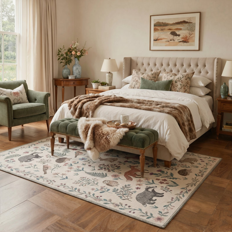 Rustic Woodland Creatures Machine Washable Oatmeal Beige Indoor Area Rug With Non-Slip Backing, Rectangle 6' x 9'