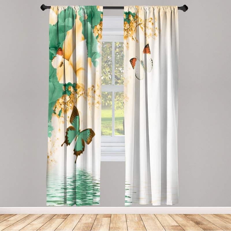 Microfiber Floral Semi-Sheer Rod Pocket Curtain Panels, 28" W x 84" L, Dark Green/Sundance