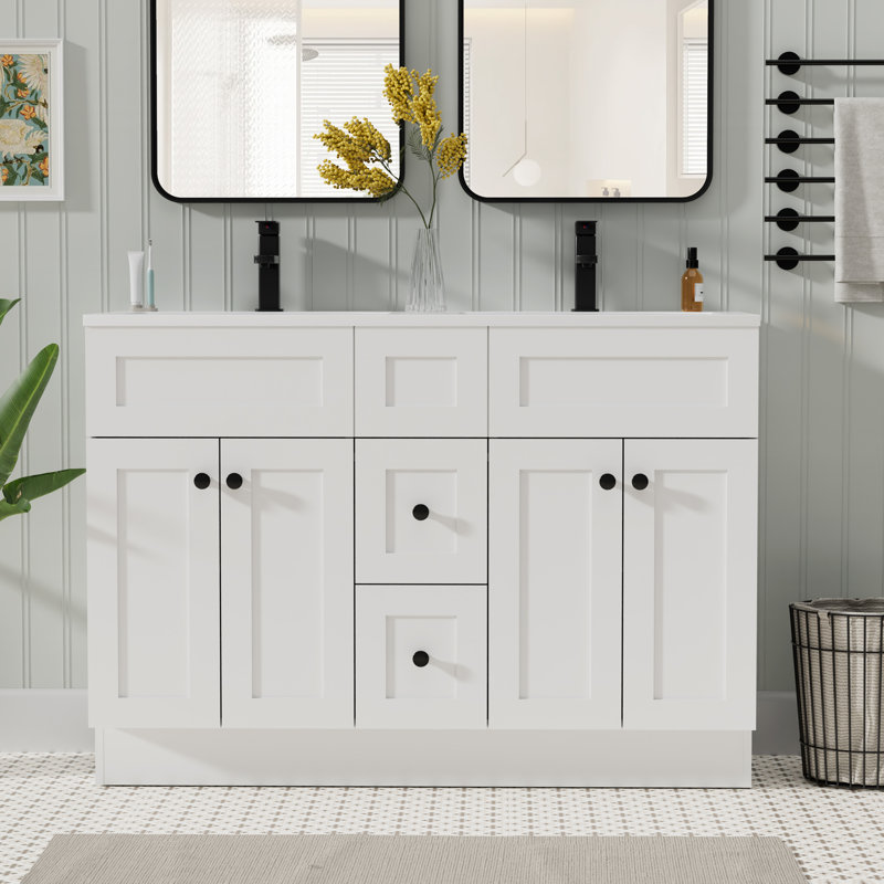 Ensemble de meuble-lavabo double 48 po avec plateau en résine, assemblage requis, Blanc
