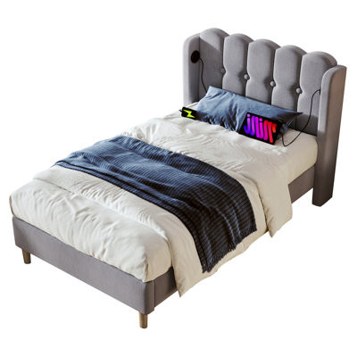 Grey Linen 3FT Single Upholstered Bed with USB & Type-C Charging Ports, Wooden Slatted Frame, 90x190 cm
