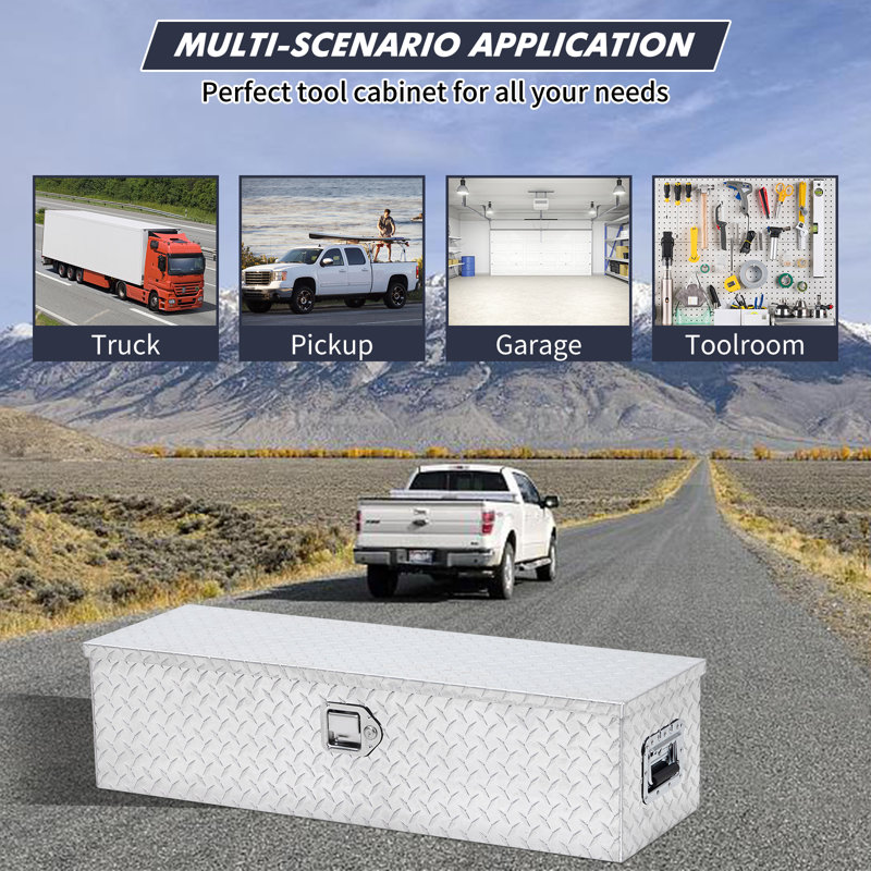 39 Inch Truck Bed Tool Box Heavy Duty Aluminum With Sliding Shelf, Diamond Plate Toolbox For Pick Up Truck Rv Trailer, Trailer Toolbox Storage With Side Handle, Lock And Keys