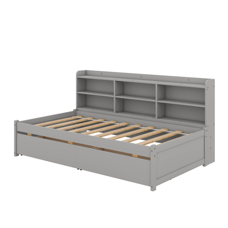 Lit avec bibliothèque latérale et tiroirs, gris, Simple