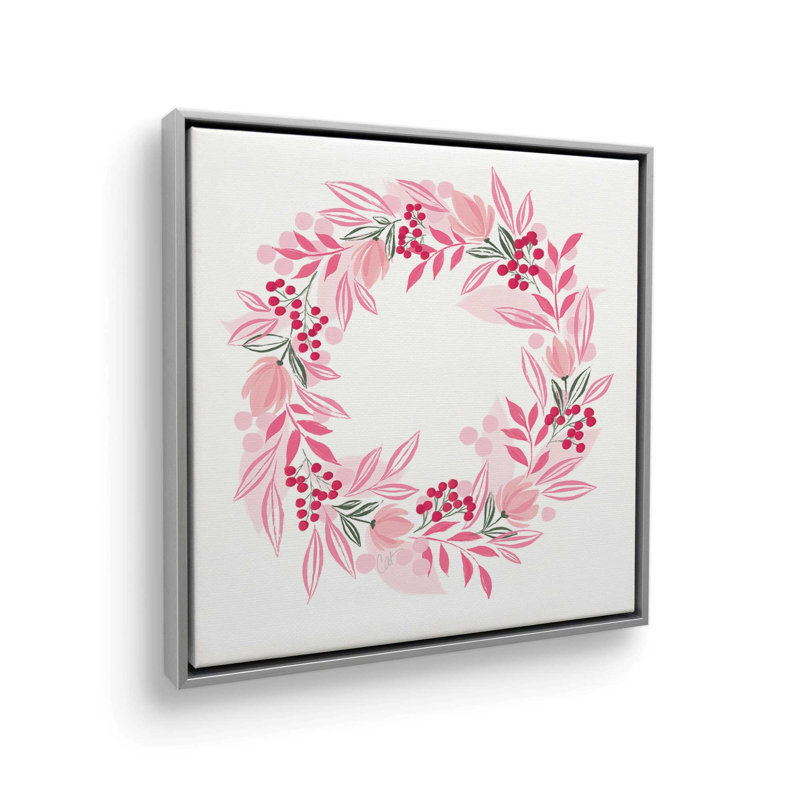 «Pink Wreath» par Cat Thurman Designs, reproduction d'art, L 36 x H 36, Argent, Toile avec cadre