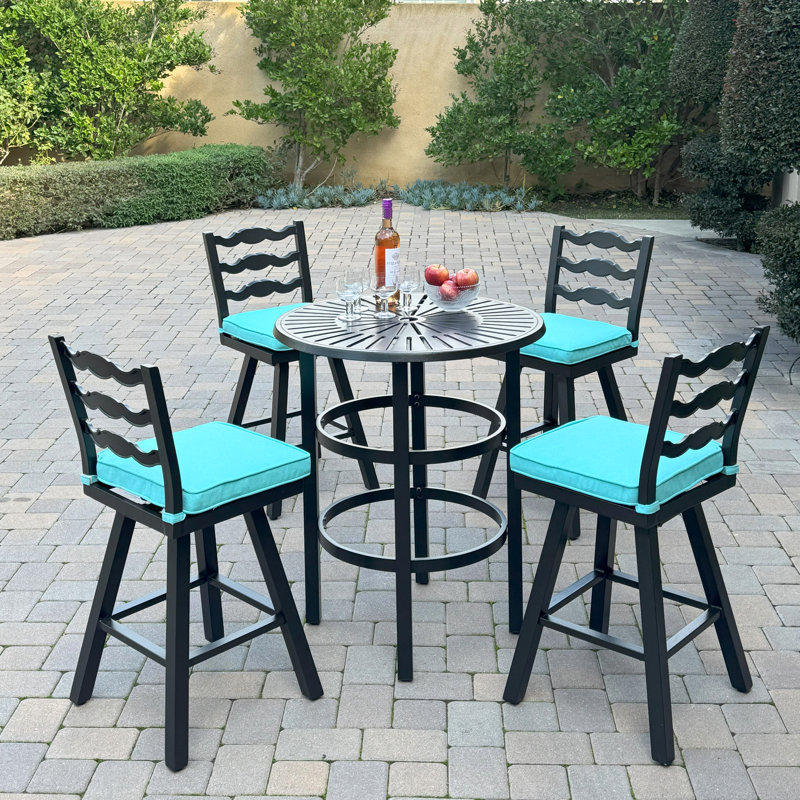 Aluminum 5-Piece Patio Bar Set with 30'' Round Counter Height Bar Table, Blue
