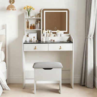 Petit bureau de coiffeuse GarveeHome, table de maquillage avec miroir éclairé et station de charge, ensemble de coiffeuse moderne avec tiroirs de rangement, tablettes ouvertes et tabouret de rangement, idéal pour les filles, blanc et noir