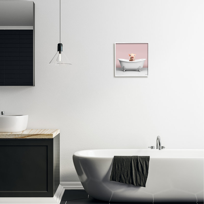 Pastel Piglet in Bathtub Gray Framed Canvas Print, 12 x 12