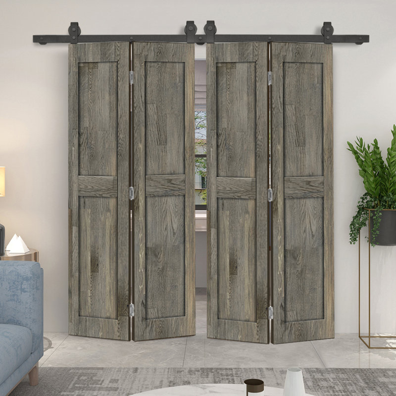 Ensemble de quincaillerie pour porte de grange coulissante en bois de pin 2 panneaux, 40 po x 84 po, Gris patiné