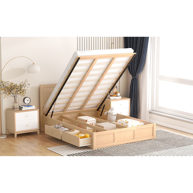 Lit plateforme en bois avec espace de rangement en dessous et 2 tiroirs - construction stable, structure de couleur naturelle,