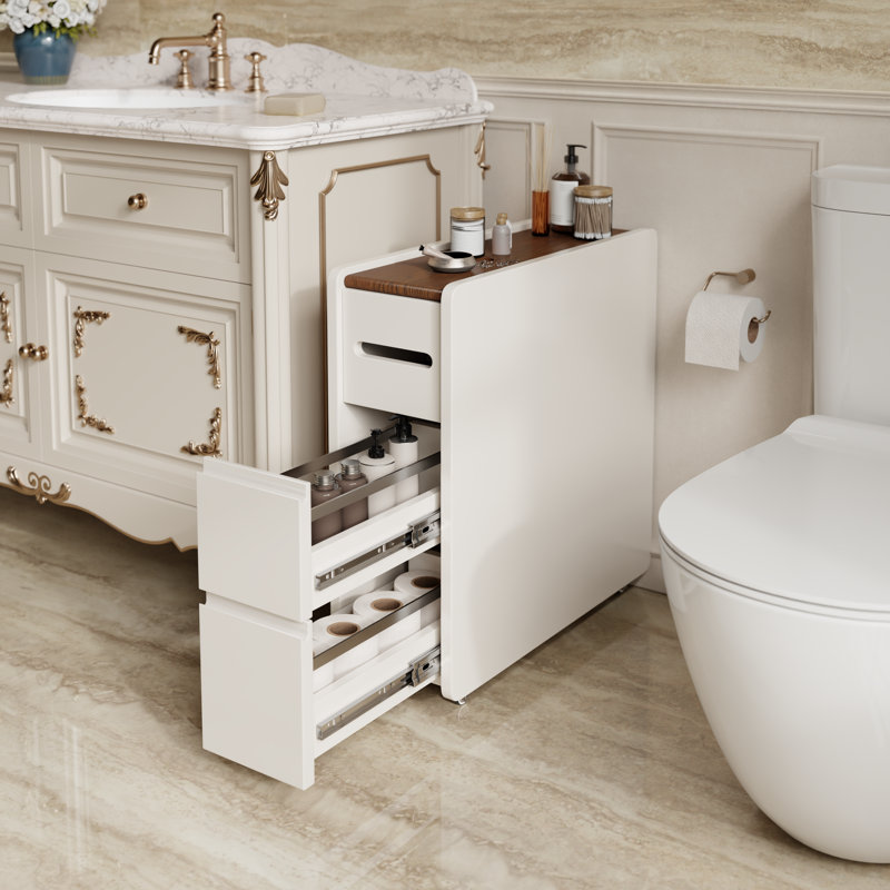 Aquinnah Solid Wood Rolling Bathroom Storage Cabinet with Pull‑Out Drawers, Toilet Paper Side Organizer