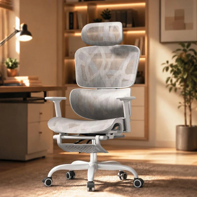Chaise de bureau ergonomique en filet avec repose-pieds rétractable, accoudoir réglable en 3D et appui-tête en 2 dimensions, fauteuil de bureau inclinable à haut dossier inclinable de 90 ° à 135 ° avec support lombaire