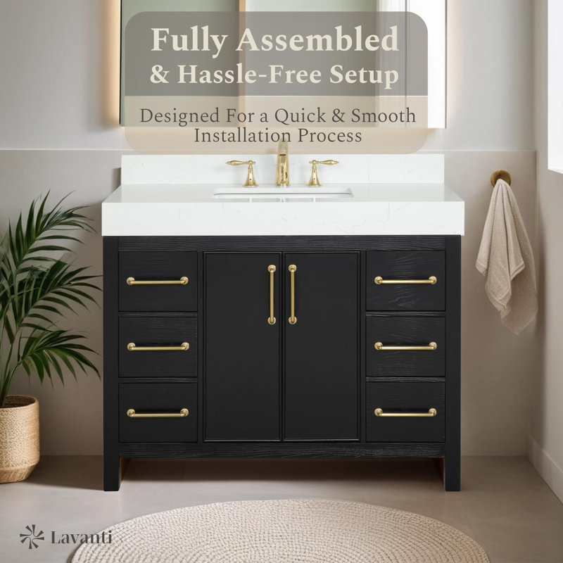 Lavanti Valvet 42 Inch Bathroom Vanity with Sink – 100% Premium Solid Wood, Stylish Firwood Black Vanity Bathroom with Storage Cabinet – Modern Bathroom Vanities with Single Vanity Sink & 4" Quartz Countertop
