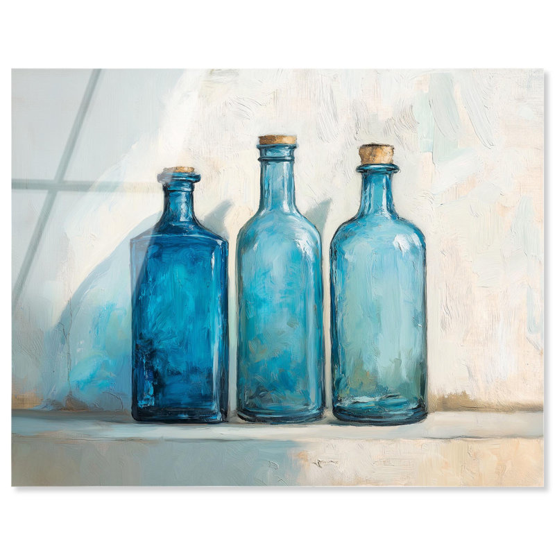 Trois bouteilles bleues, art floral campagnard en acrylique par Art Remedy, prêt à être accroché, H 24 po x l 30 po