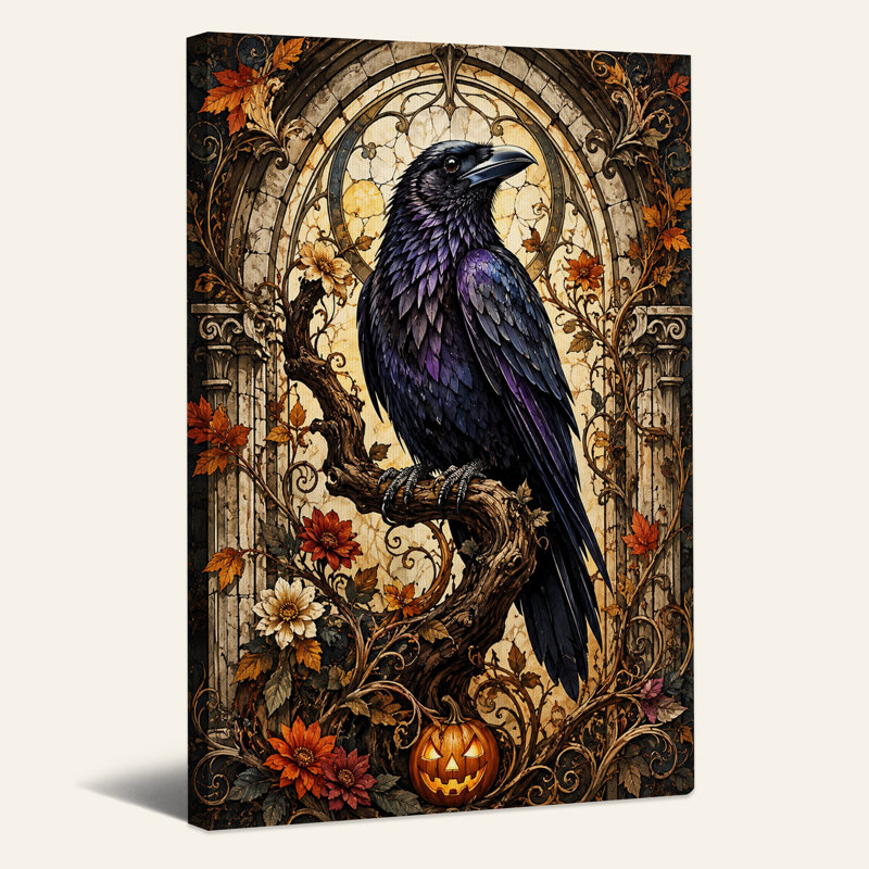 Raven perché sur une branche dans une arche gothique avec art mural d'Halloween, H 24 po x l 16 po