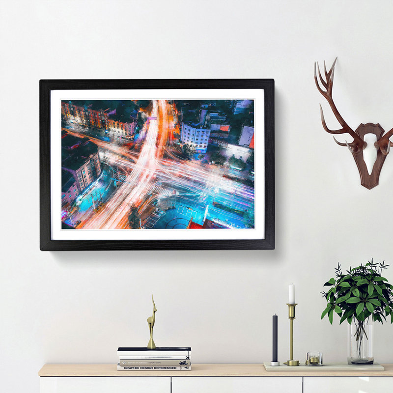 Urban City Lights - Picture Frame Graphic Art Print, 62cm H x 87cm W x 2cm D, Black Framed