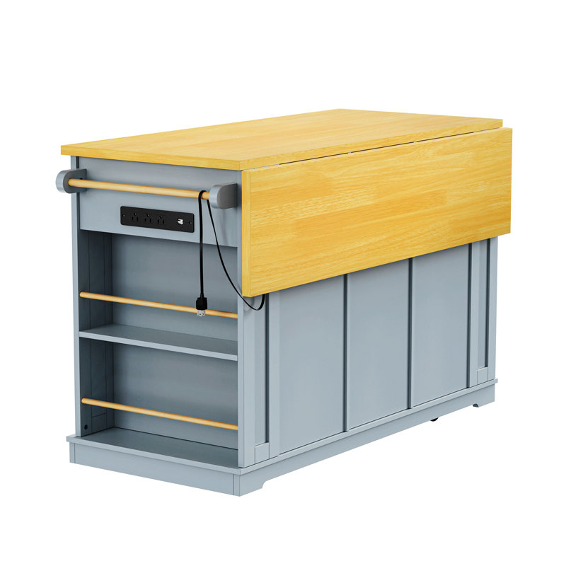 53Inch Large Kitchen Island With Drop Leaf, Power Outlet, Door Internal Storage Rack, Rolling Kitchen Cart On 5 Wheels With 5 Open Side Racks For Kitchen, Dining Room, (Not Include Bar Stools)