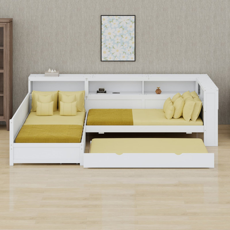 Lit plateforme en L avec lit gigogne, Blanc