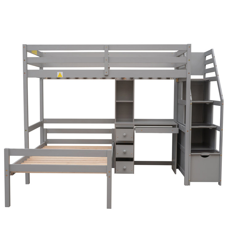 Lit simple superposé convertible avec escalier de rangement et bureau, tiroirs et tablettes, Gris