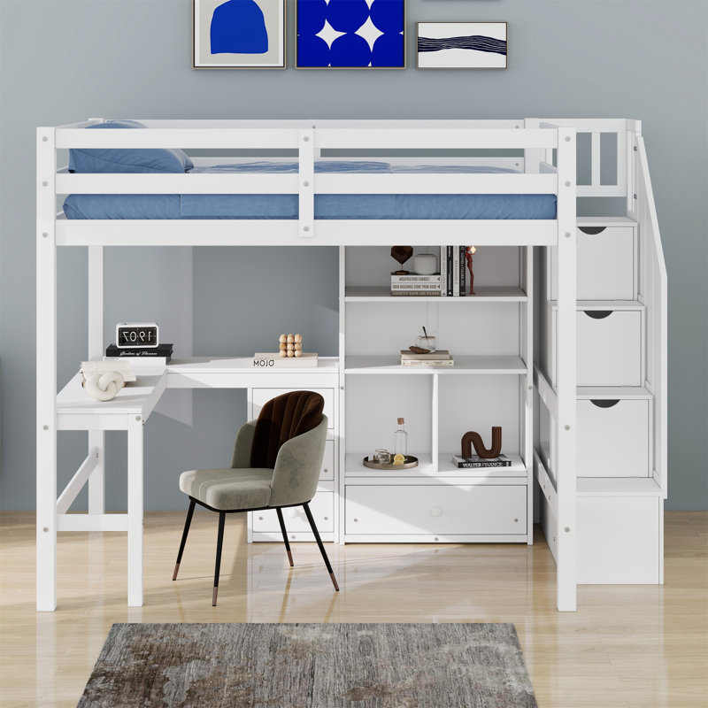 Lit mezzanine avec bureau en L et tiroirs, armoire et escalier de rangement, Blanc