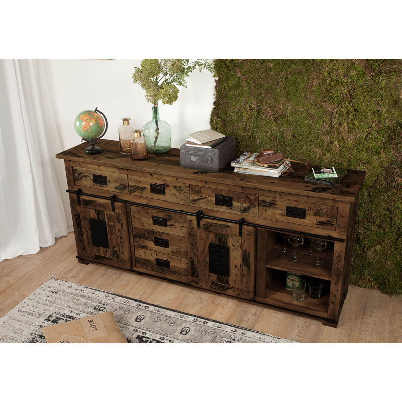 Railway 200cm Solid Wood Sideboard, Brown lacquered