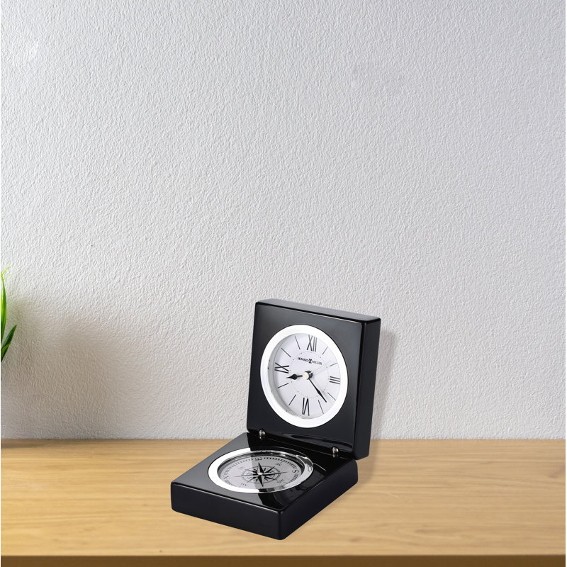 Modern & Contemporary Roman Numeral Wood Quartz Movement / Crystal Tabletop Clock in Glossy Black/Polished Silver
