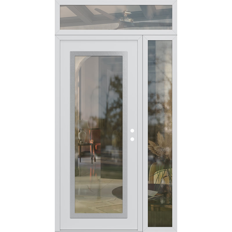 Panneau d'entrée en acier argenté blanc / blanc avec porte latérale avant et traverse, L 51,25 po x H 95,69 po, Transparent