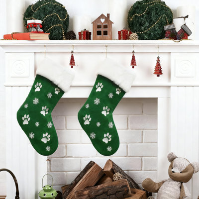 2Pcs Pet Theme Christmas Stocking, Green With Embroidered Paw Print & Snowflake For Dog Cat Lover, Xmas Fireplace Mantel Decor, Gift Bag